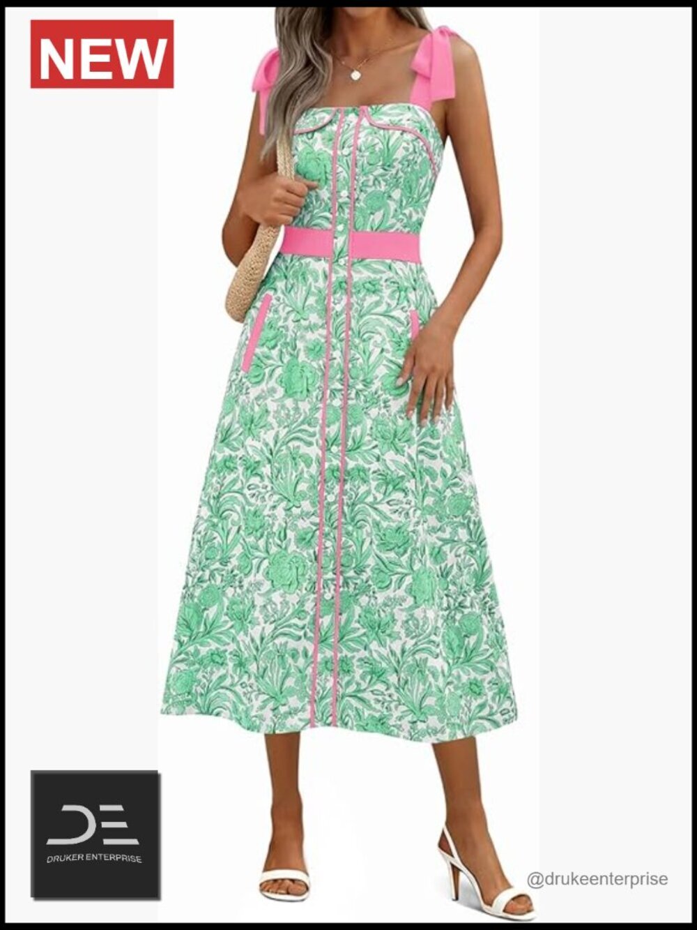 Women's Sleeveless Floral Midi Dress with Pockets Smocked Back